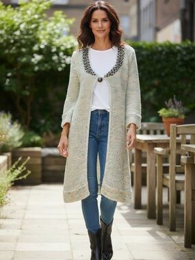 BCBG Light Sage Open-Front Long Knit Cardigan with Embellished Trim